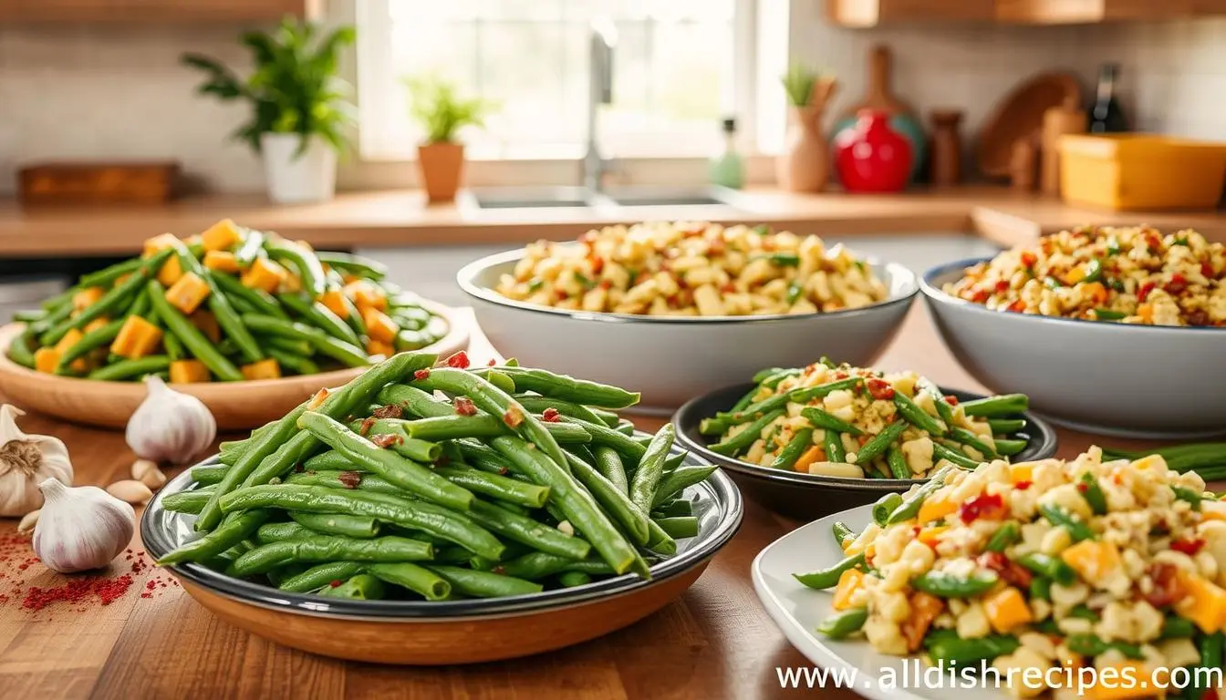 A variety of green bean dishes displayed on a kitchen counter, including steamed green beans, green bean salads, and mixed vegetable plates