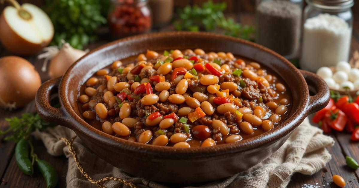 A rustic bowl of Calico Beans featuring a hearty mix of beans, ground beef, diced red and green bell peppers, and a rich sauce, surrounded by fresh ingredients like onions, parsley, and chili peppers on a wooden table.