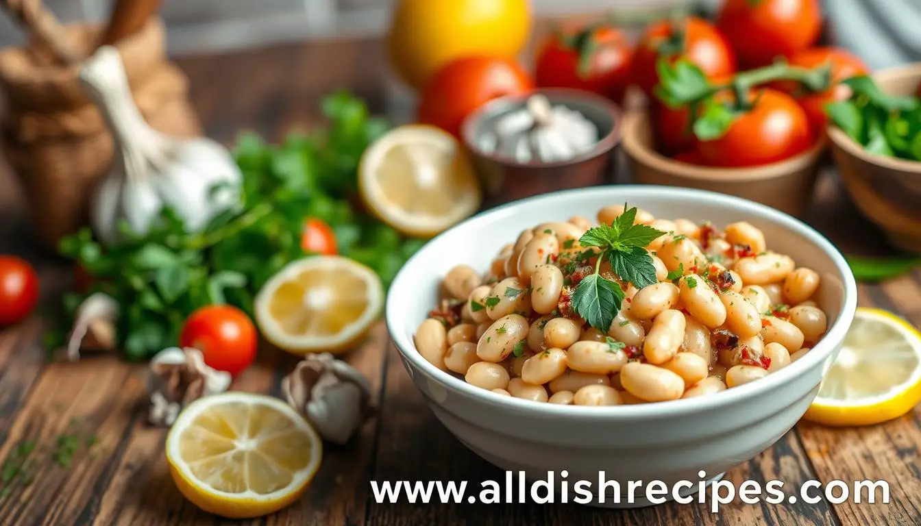 A bowl of cooked ceci beans garnished with parsley, surrounded by fresh ingredients like lemons, cherry tomatoes, garlic, and herbs on a rustic wooden table.