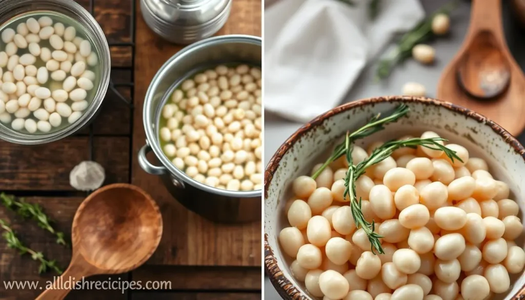 Close-up of white beans in a pot and a bowl, styled with fresh herbs for a recipe preparation