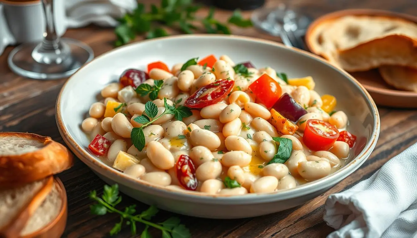 A bowl of a white bean dish featuring cherry tomatoes, fresh herbs, and a drizzle of olive oil, with slices of bread in the background.